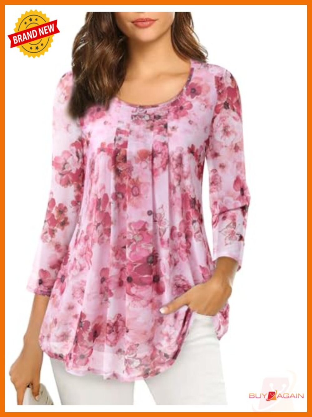 Women's 3/4 Sleeve Tunic Top Casual Loose Fit Floral Mesh Pleated Blouse